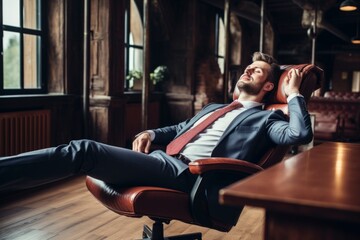 Sleepy tired sleeping person business man caucasian office employee businessman manager boss exhausted exhaustion sitting office chair entrepreneur overworked stress occupation exhausted exhaustion