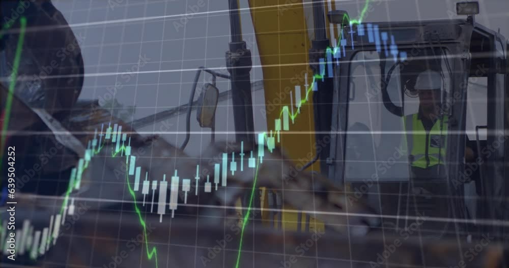 Poster Animation of multiple graphs with changing numbers, worker operating crane and picking up scrap