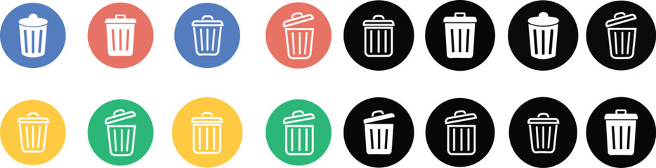 blue, orange, yellow, green and black Bin icon set. Trash can collection. Trash icons set. Web icon, delete button. stroke pictogram Delete symbol flat style isolated on white background .