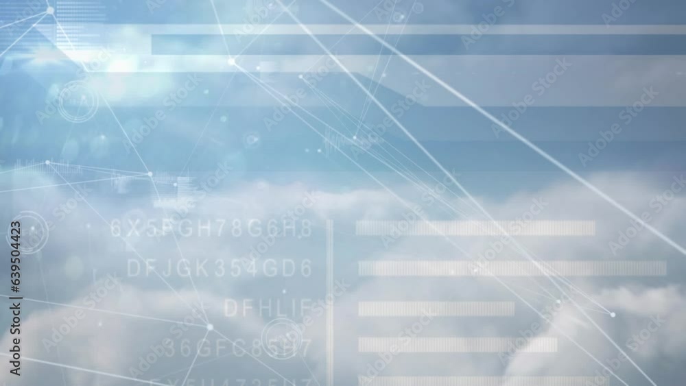 Poster animation of letter, numbers with graph and connected dots over aerial view of dense clouds