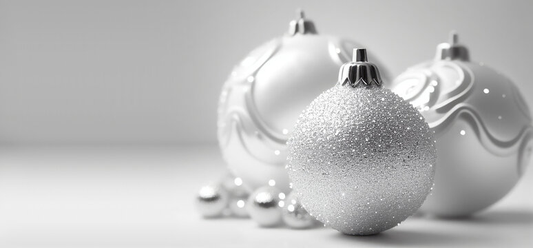 Christmas banner with silver glitter and gloss bauble, ornaments, balls, decoration for xmas tree. Winter holiday wallaper on solid white background.
