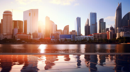 modern office room with sunset, light and bokeh, tower view background. 