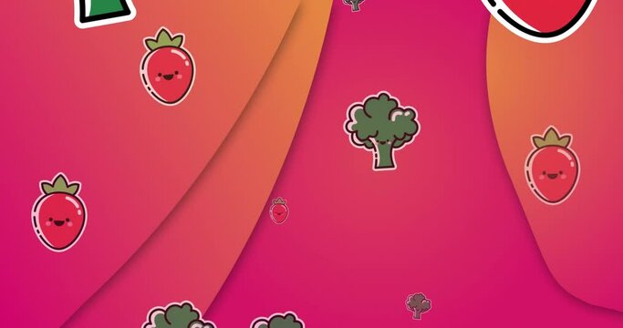 Animation of falling broccoli and tomatoes over abstract pattern against pink background
