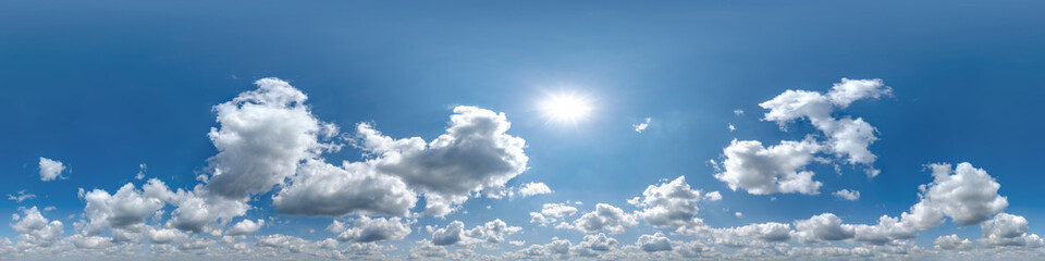 360 hdri panorama of blue skydome with cumulus clouds, seamless sky panorama view with zenith for use in 3d graphics or game development or edit drone shot