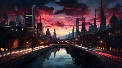 city at night, Sunset City Landscape, AI Generative