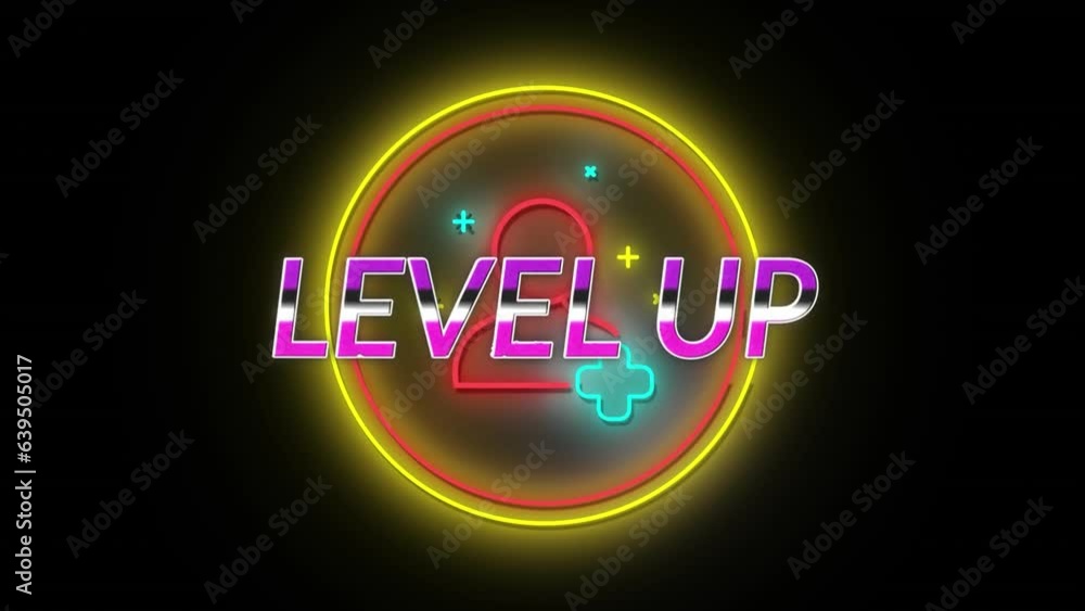 Poster animation of level up text with icons in circles against black background