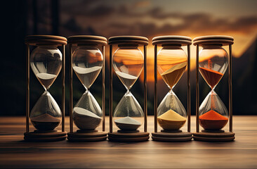 Hourglass on wooden table and sunset background. Time passing concept. created by generative AI technology.