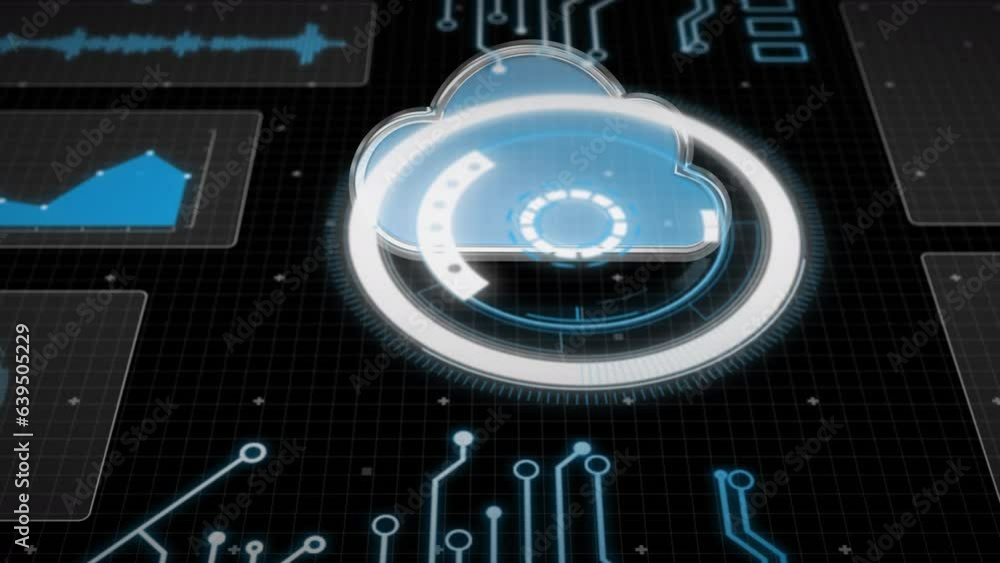Poster animation of arc reactor, cloud, graphs, computer language and globe over black background