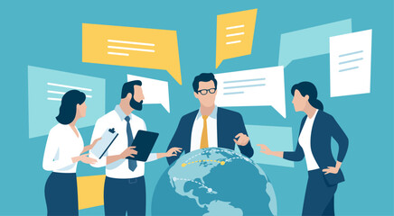 The team stands by the globe and discusses matters concerning the planet. Global trade, investing, ecology. Business vector illustration.