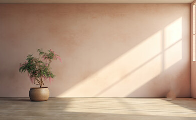 Empty room with white walls, wooden floor and a vase with plant. created by generative AI technology.