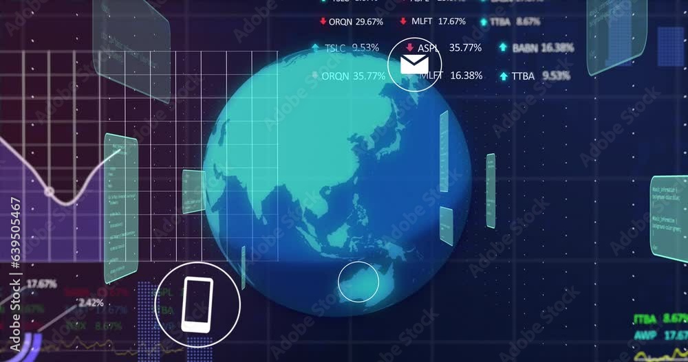 Poster animation of graphs, trading boards and computer language over rotating globe over black background