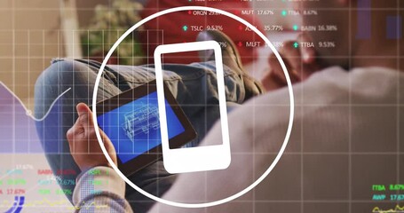 Animation of graphs, trading boards, biracial man looking at 3d model of house in digital tablet - Powered by Adobe