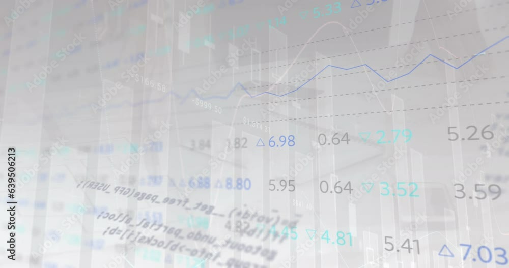 Poster animation of graphs, trading board and computer language over white background