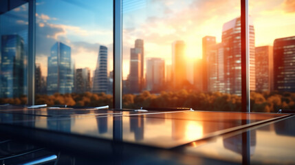 Fototapeta na wymiar modern office room with sunset, light and bokeh, tower view background. 