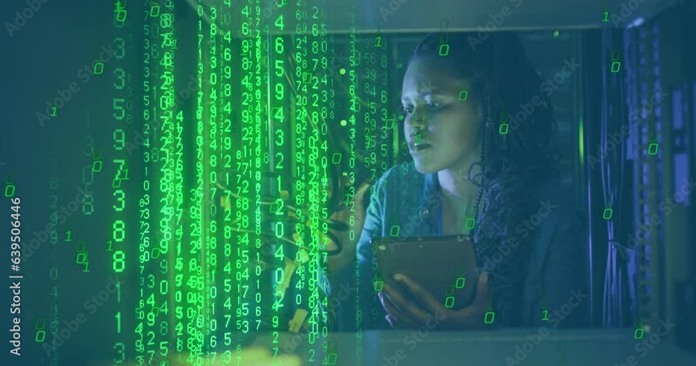 Poster animation of changing numbers and binary codes, african american woman checking wires in server room