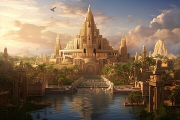 An ancient city called Babylon, featuring the iconic Tower of Babel and lovely residential structures. It holds biblical significance. Generative AI