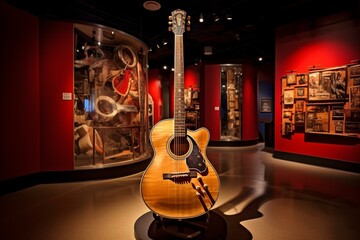 Exhibit featuring acoustic guitar in a musical inventions gallery. Generative AI