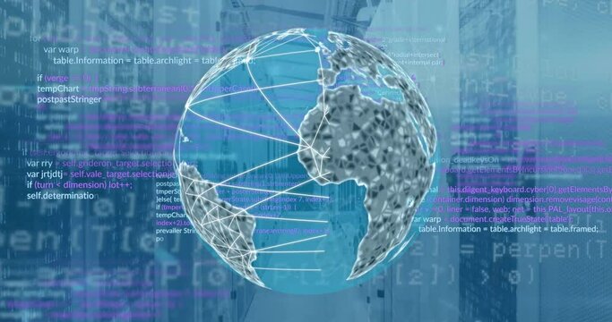 Animation of lines on globe with computer language over binary codes on data server racks
