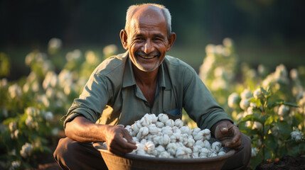 Mature indian farmer harvesting cotton wool in the field plantation.