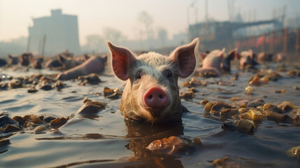 Piglet in dirty water with garbage. Pig in India.