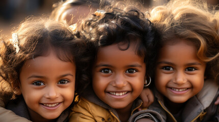 Group of three indian little kids smiling at camera outdoors. - obrazy, fototapety, plakaty