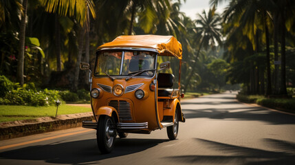 Vintage tuk tuk taxi on the road in Sri Lanka.