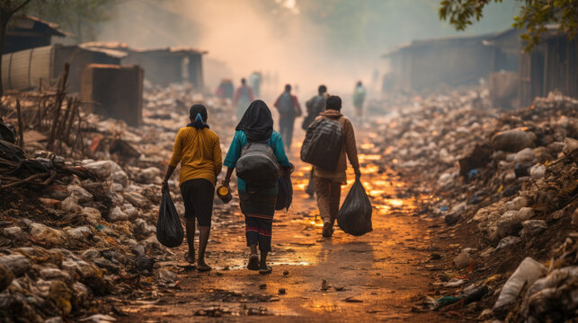Unidentified people walking near garbage in the street of urban slum area New Delhi, India.