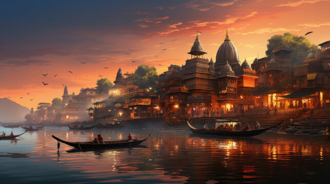 Sunset at the ghats of the holy city of Varanasi.