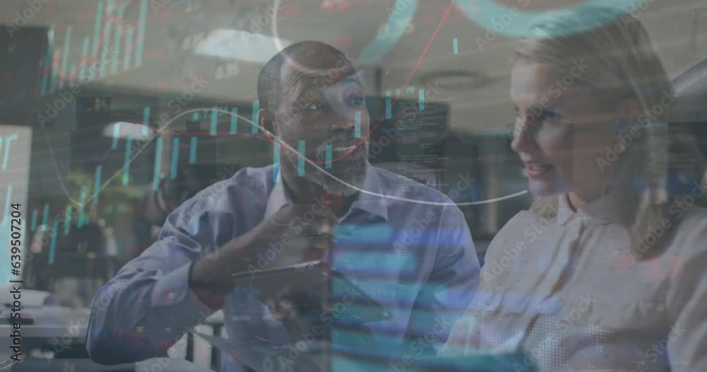 Poster animation of graphs, loading circles and trading board over diverse coworkers discussing reports