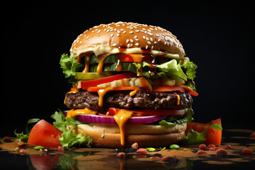 Food photography, studio photography, burger patty, focus on the delicious patty, vibrant toppings, vegetables, natural colors, natural features
