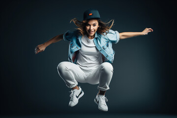 Woman in sports clothing doing some fun dance moves - obrazy, fototapety, plakaty