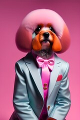 服を着たトイプードル、子犬、可愛い、ピンク背景｜Dressed toy poodle, puppy, cute, pink background. Generative AI