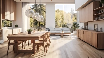 Dining room and kitchen in a new open plan home. Features White walls and ceiling and parquet floors. Beautiful furniture made of wood and marble light-colored furniture fronts Generative AI