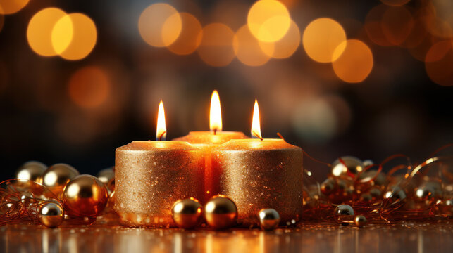 Burning candle against backdrop of Christmas decoration with garlands of lights. Happy New Year and Merry Christmas