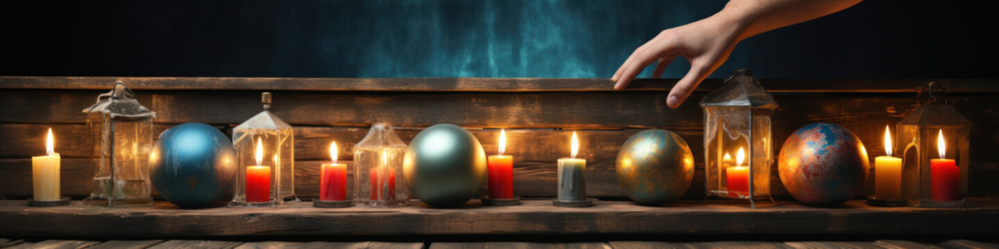 Banner image of Candle with bible on a old oak wooden table. Beautiful gold background. Religion concept.