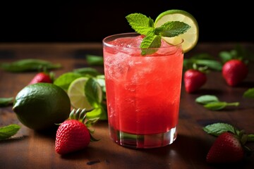 A cocktail made with strawberries, basil, and lime on a table with lime wedges. Generative AI