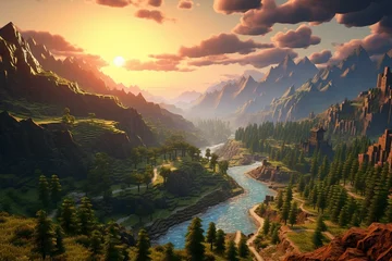 Gordijnen Scenic Minecraft valley with haunting beauty. Generative AI © Kenneth