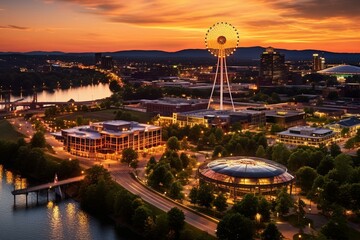 A stunning aerial view of Knoxville, Tennessee skyline at sunset, captured from above Worlds Fair Park. Generative AI - obrazy, fototapety, plakaty