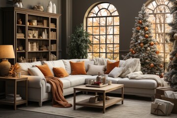 A cozy contemporary living room transformed for Christmas, featuring a beautifully decorated tree adorned with baubles. Photorealistic illustration, Generative AI