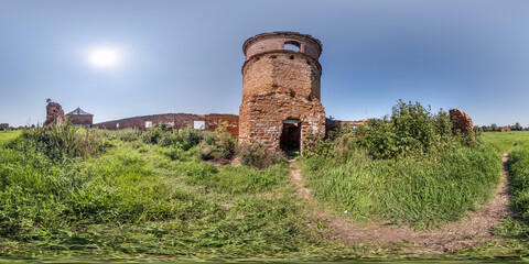 Fototapeta na wymiar full seamless spherical hdri 360 panorama inside ruined tower and abandoned outbuildings in equirectangular projection with zenith and nadir, ready for VR virtual reality content