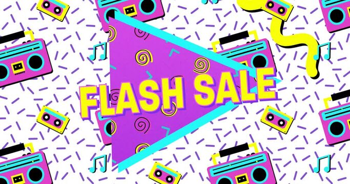 Animation of flash sale text on triangle with tape recorders and lines over white background