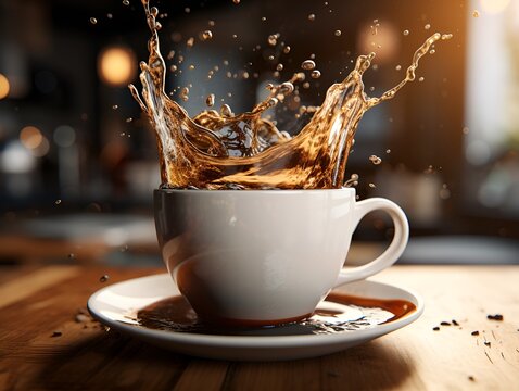 dramatic black coffee splash cup glass photography on the table coffee bean generative ai