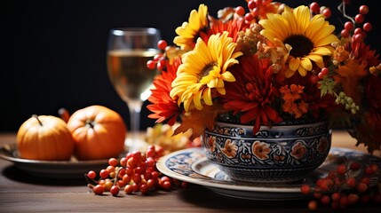 Thanksgiving table decor. Food and glasses with a drink at a festive feast.