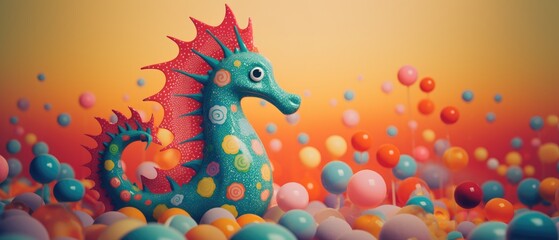 Fototapeta na wymiar Closeup portrait of mythical seahorse plastic figurine with vibrant round polka dots, childhood playtime toy, fantasy wonderland ocean guardian - generative AI
