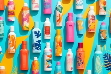 A vibrant collage of sunscreen bottles on a colorful background. Generative AI