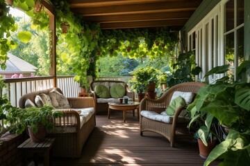 Fototapeta na wymiar A porch with furniture and plants. Generative AI