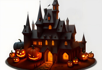 Fototapeta na wymiar mystical halloween castle with pumpkin in white background ai generated