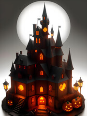 3D halloween castle with pumpkin in simple background ai generated