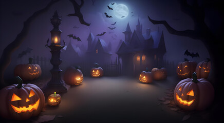 halloween background with pumpkin, old building and bats ai generated