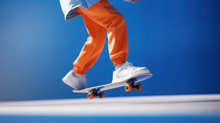 Tuinposter Close up view of teenager who is standing on skateboard against blue sky background. © Pro Hi-Res
